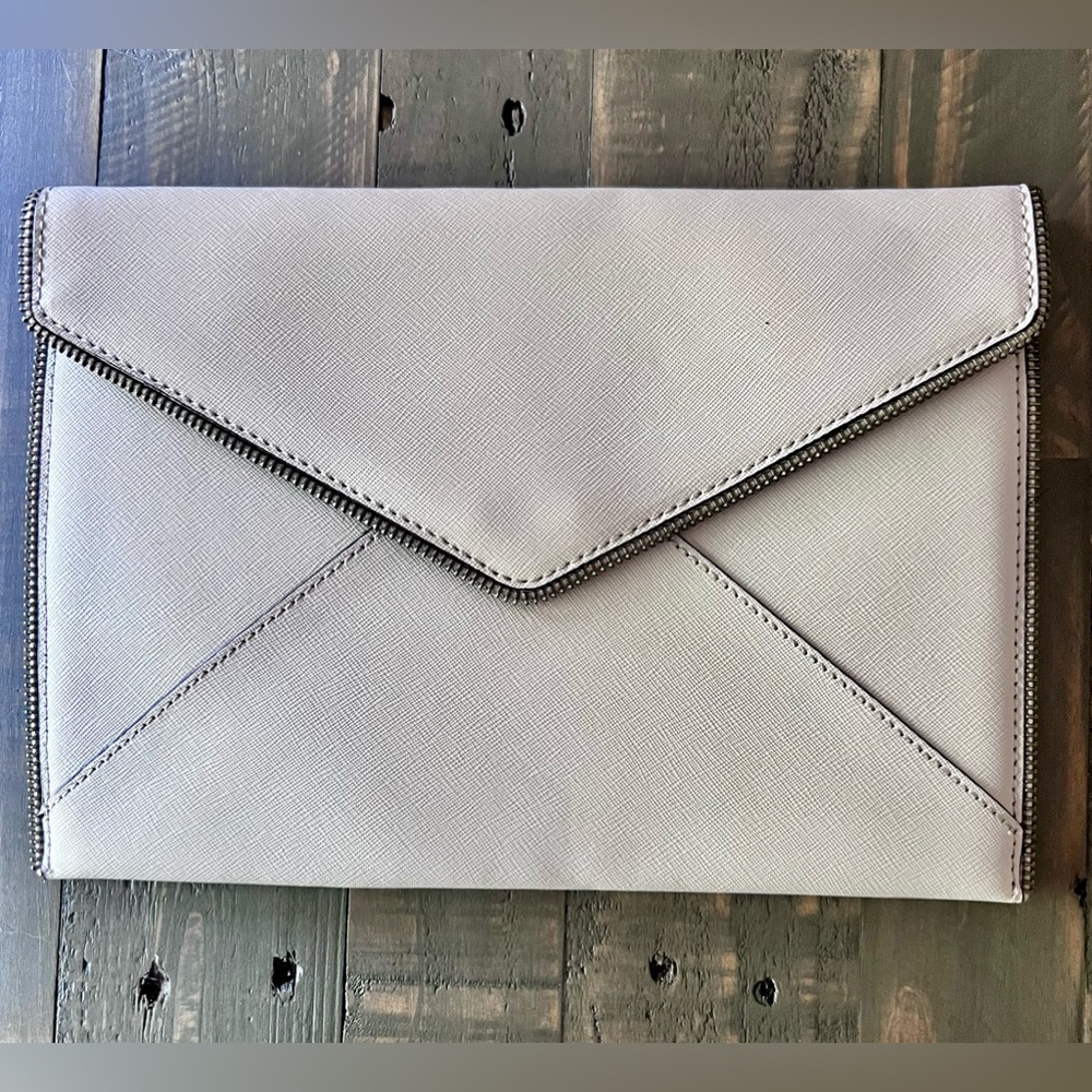 Rebecca Minkoff light gray goatskin textured leather envelope clutch